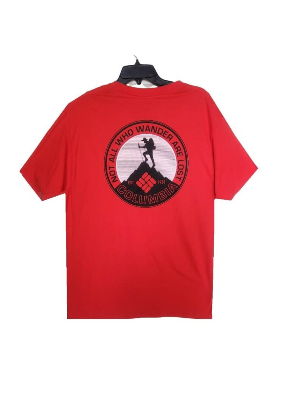 ⭐Columbia Mens Large Red Graphic T-Shirt Not All Who Wander Are Lost Cotton Tee